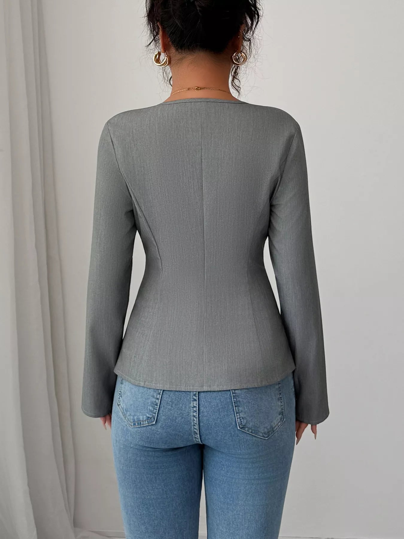 Flower Button Long Sleeve Blazer OutfitFlow