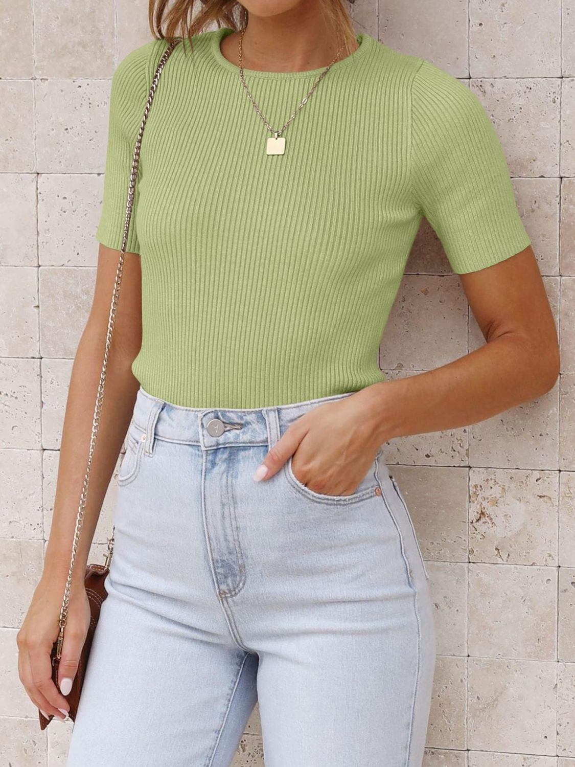 Outfit Flow - Mandy Ribbed Round Neck Short Sleeve Knit Top