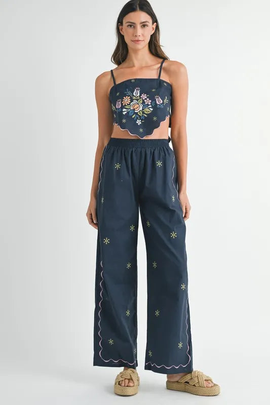 MABLE Linen Embroidered Scarf Top and Pants Set Navy OutfitFlow