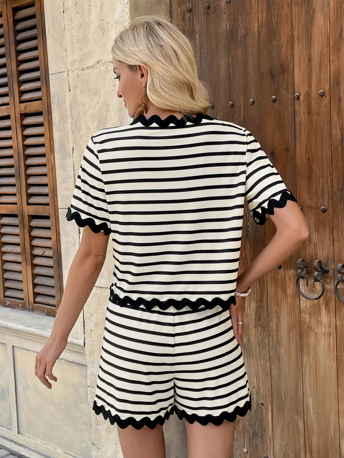 Tied Front Striped Top and Shorts Set OutfitFlow