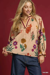 Umgee Floral Print Flounce Sleeve Blouse Trendsi