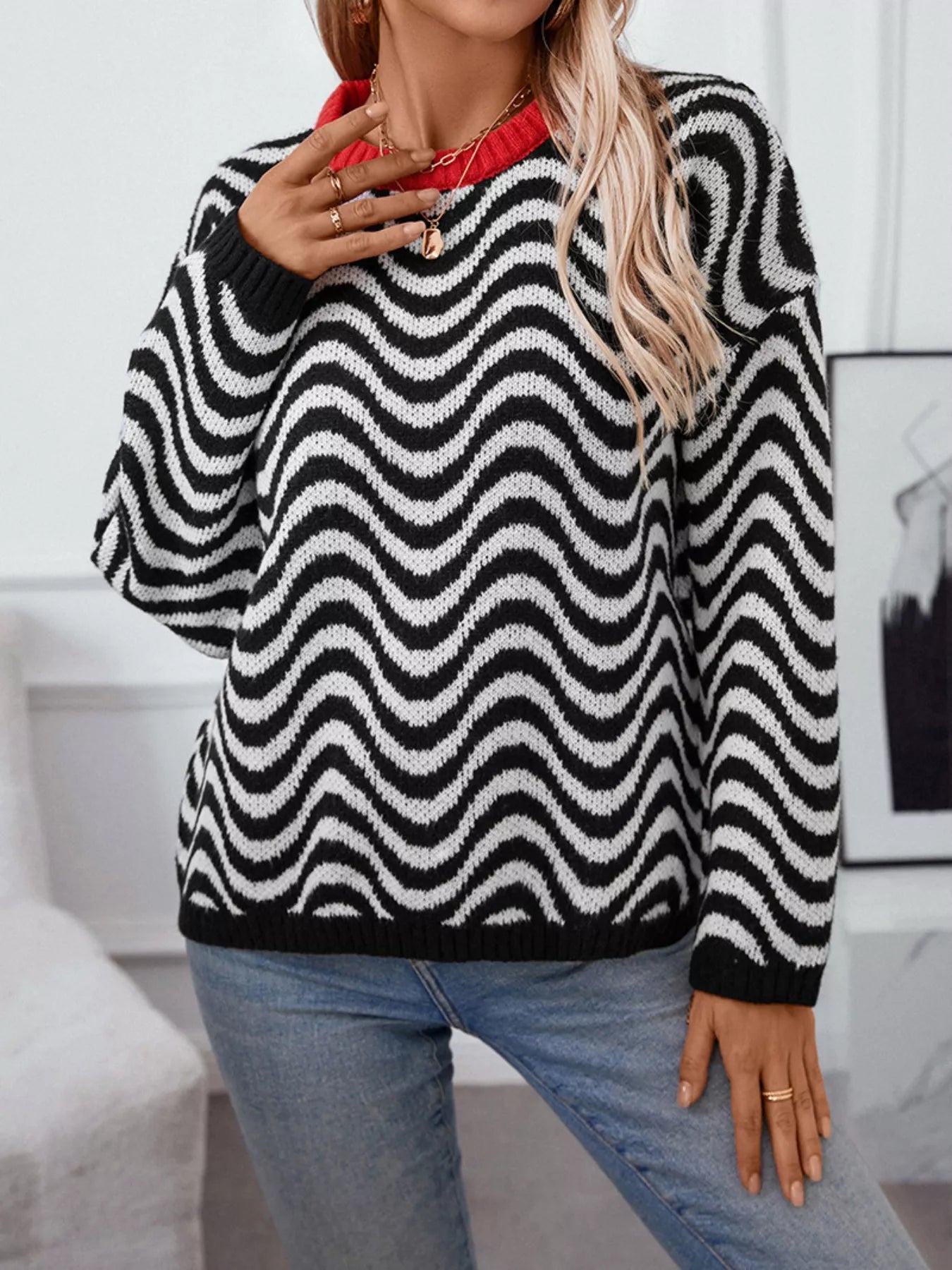 Wavy Striped Round Neck Sweater Trendsi