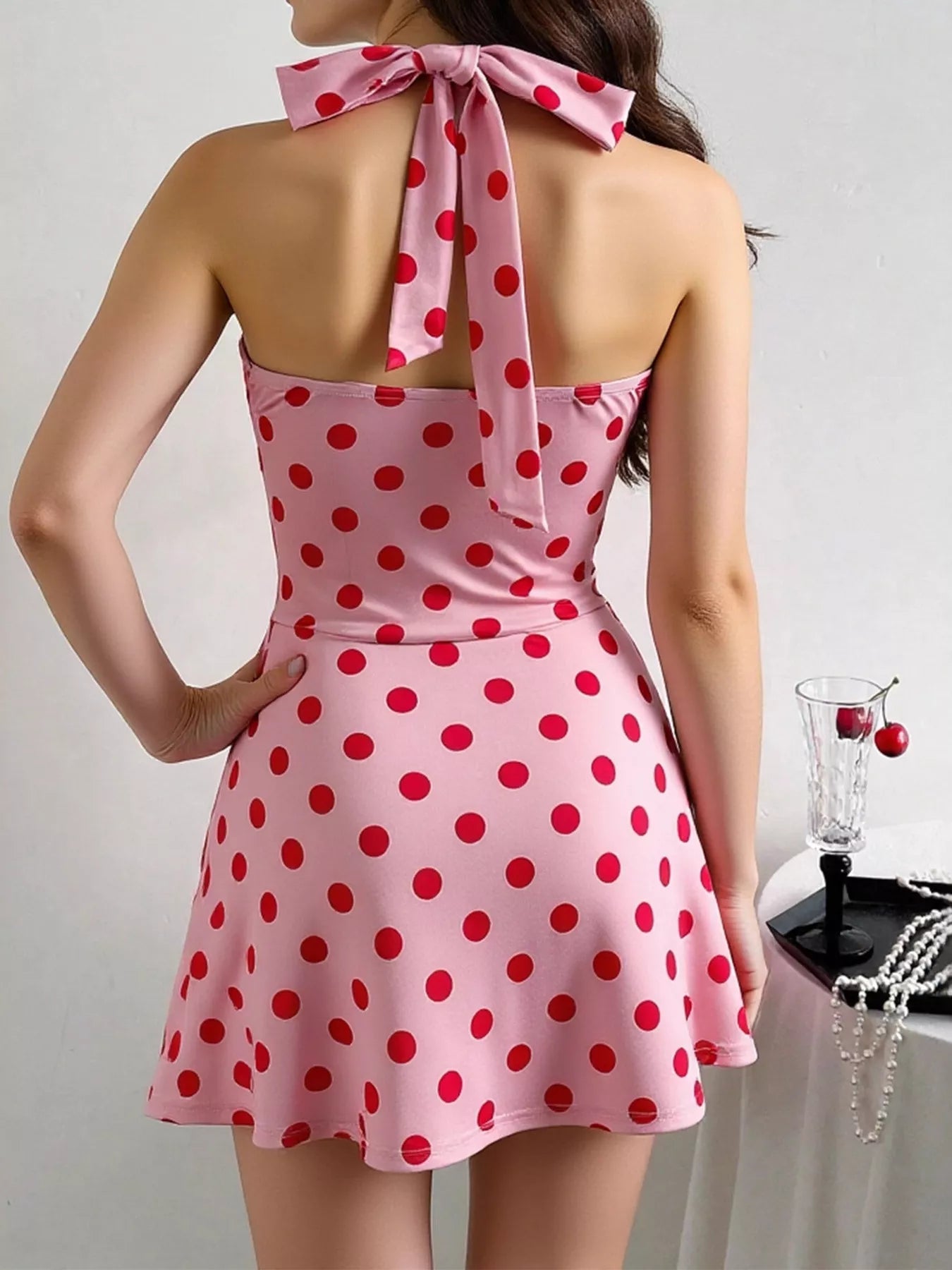 Polka Dot Halter Neck Twisted Front Mini Dress OutfitFlow