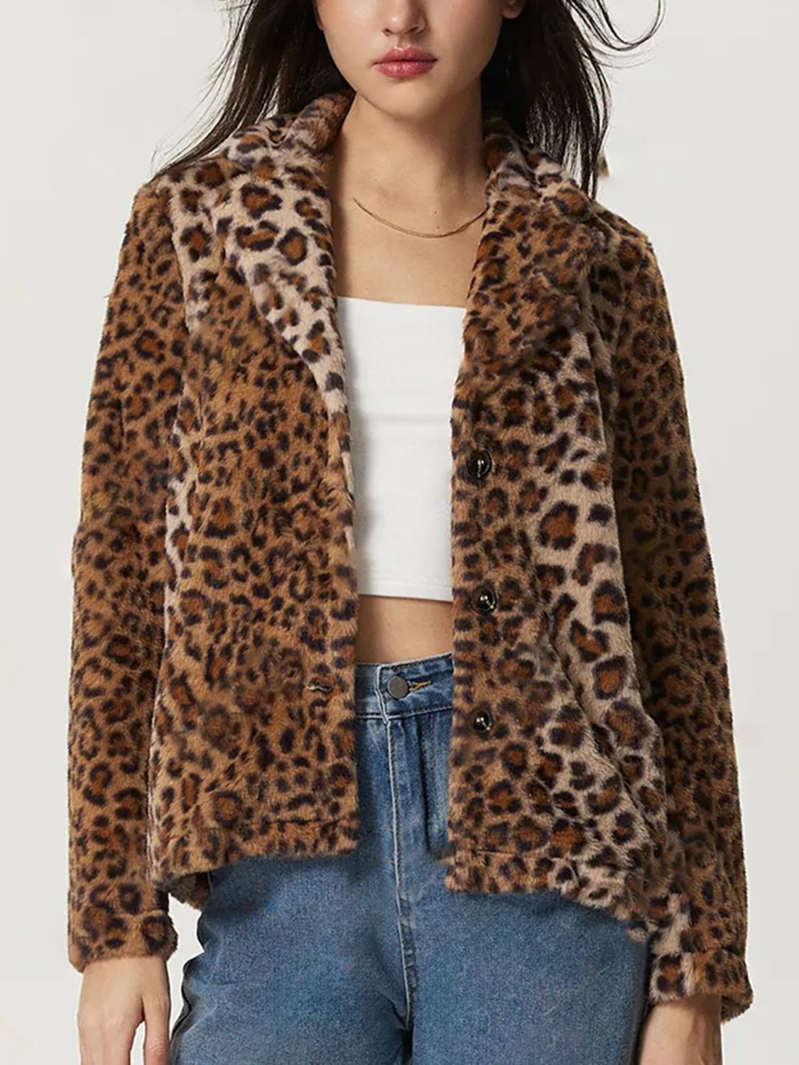 Outfit Flow - Fuzzy Leopard Collared Neck Jacket