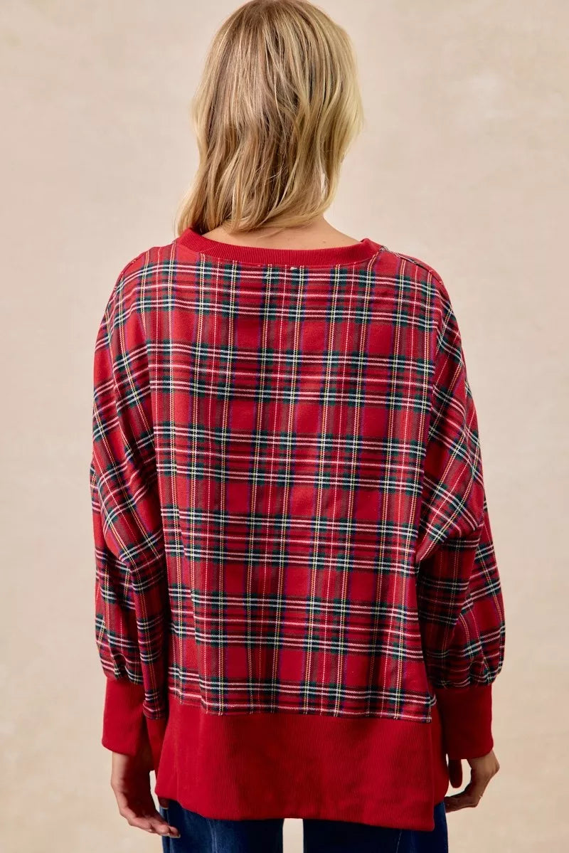 BiBi Holly Jolly Christmas Plaid Oversized Sweatshirt OutfitFlow