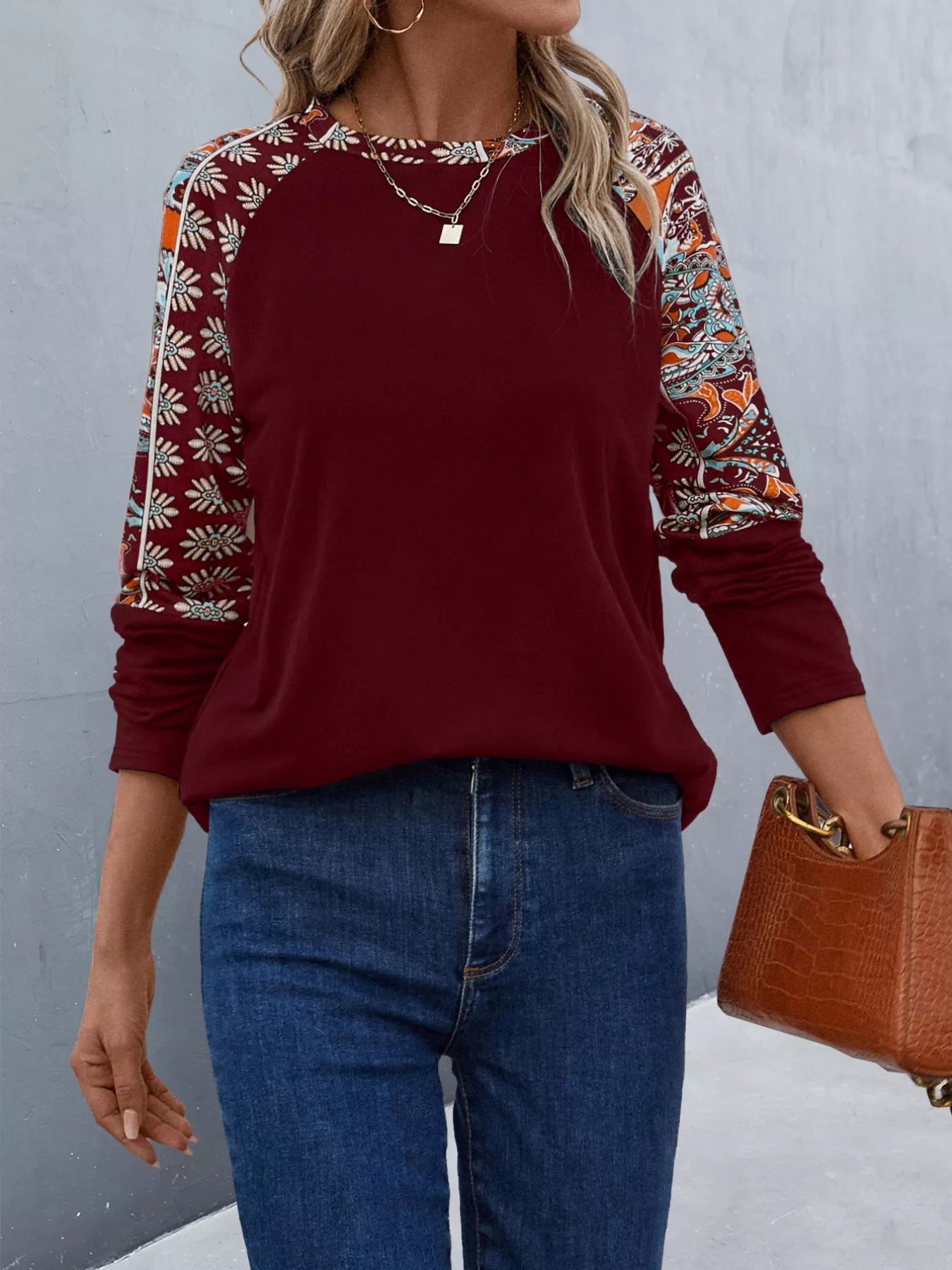 Printed Raglan Sleeve Round Neck T-Shirt Trendsi