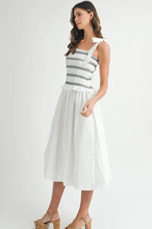 MABLE Smocked Bodice Bubble Midi Dress OutfitFlow
