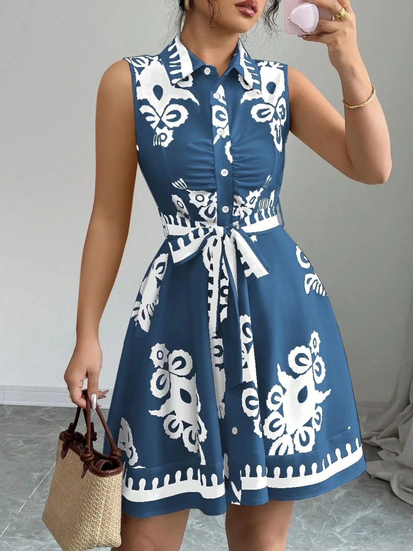 Printed Sleeveless Tie Waist Mini Dress Blue OutfitFlow
