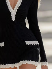 Lace Trim V-Neck Knit Sweater Dress Trendsi
