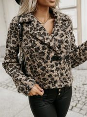 Fuzzy Animal Print Collared Neck Coat Leopard Trendsi