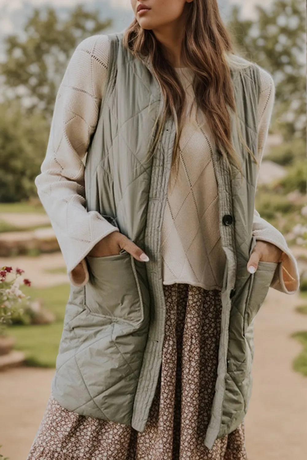 Button Up Pocketed Vest Coat Sage Trendsi