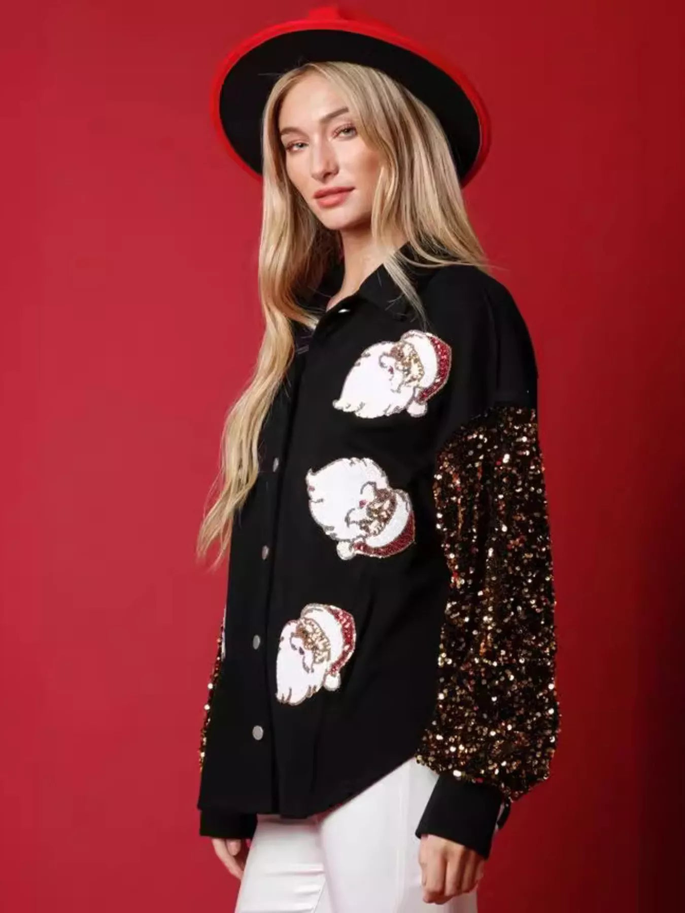 Christmas Santa Sequin Long Sleeve Shirt OutfitFlow
