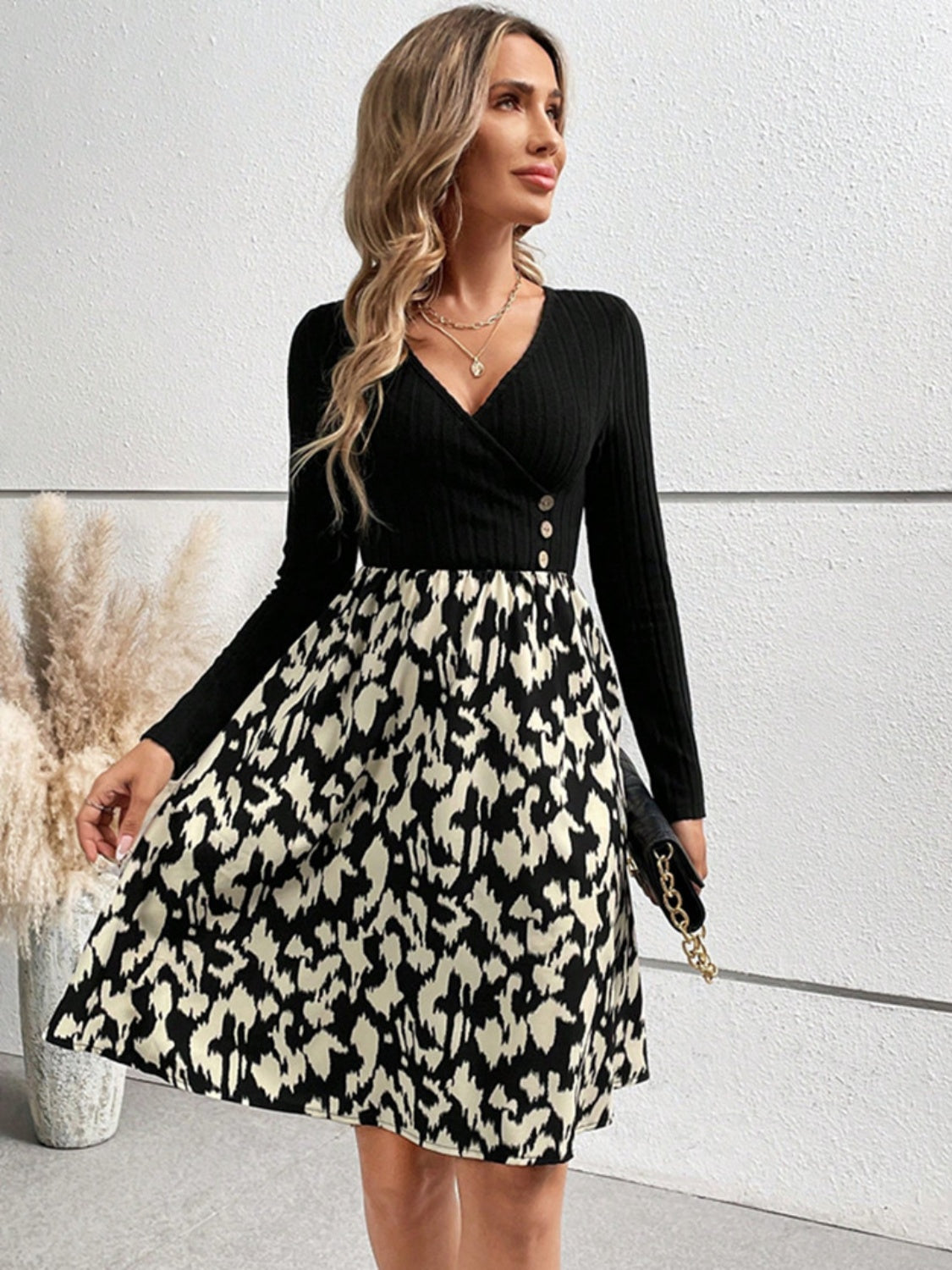 Printed Surplice Long Sleeve Dress