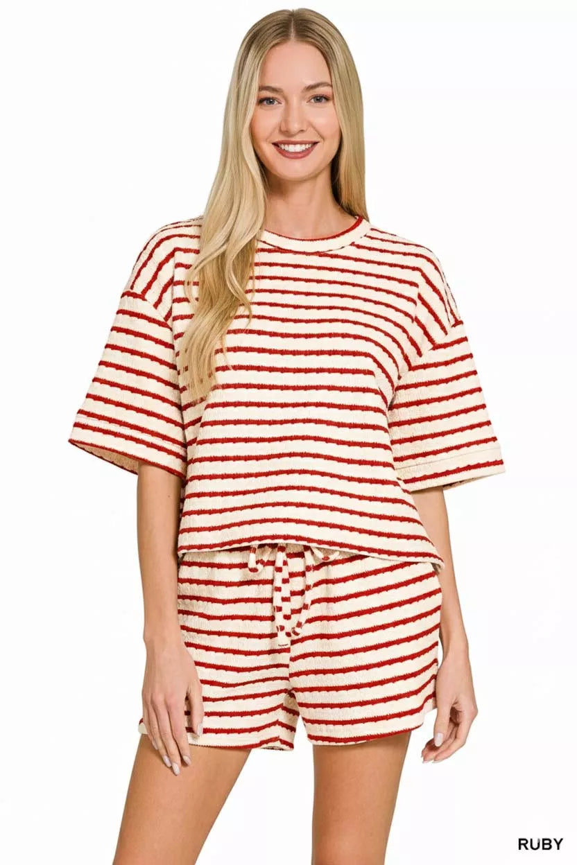 Zenana Striped Short Sleeve Tee & Shorts Set OutfitFlow