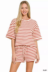 Zenana Striped Short Sleeve Tee & Shorts Set OutfitFlow