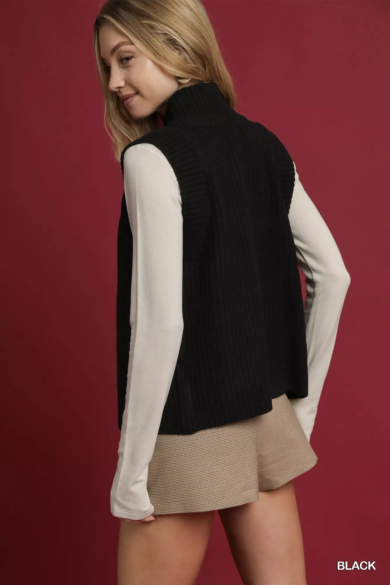 Umgee Zip-Up Sweater Vest with Ribbed Trim OutfitFlow