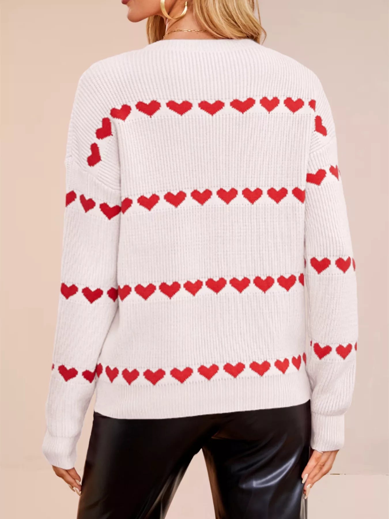 Heart Pattern Dropped Shoulder Sweater OutfitFlow