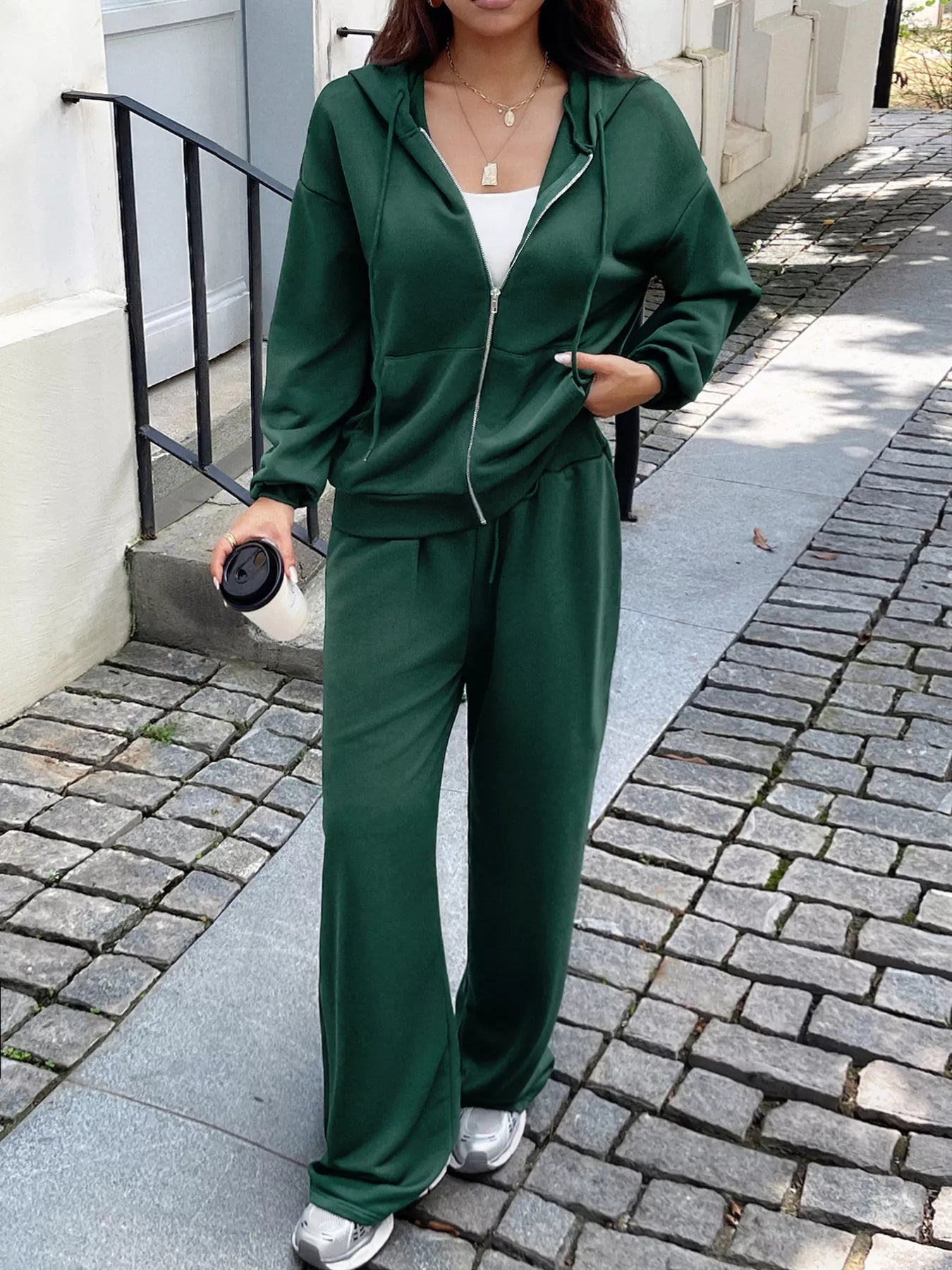 Casual Drawstring Zip Up Hoodie and Wide Leg Pants Set OutfitFlow