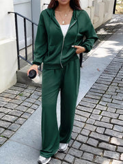 Casual Drawstring Zip Up Hoodie and Wide Leg Pants Set OutfitFlow