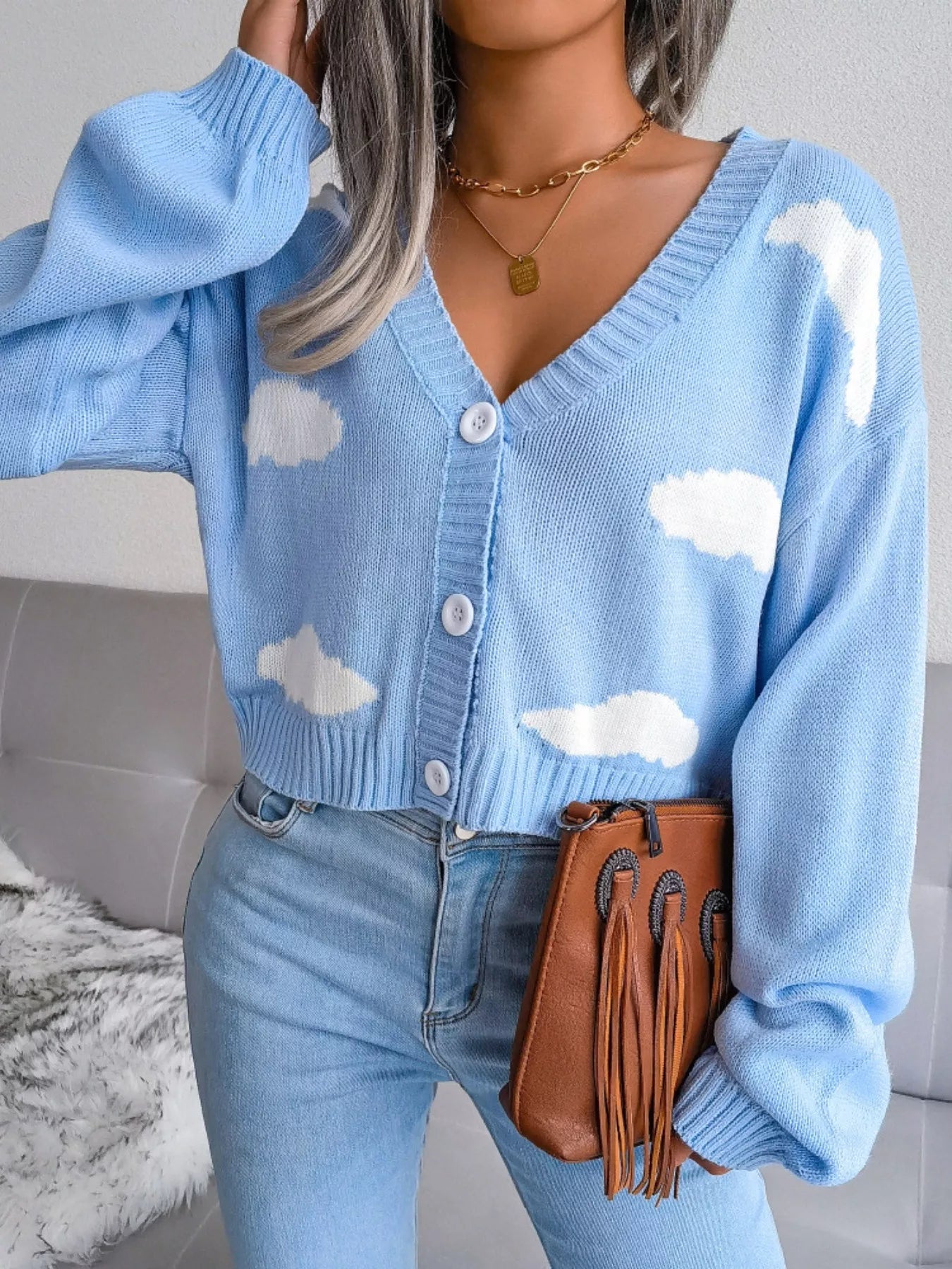 Cloud Pattern Button-Up Cropped Cardigan OutfitFlow
