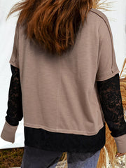 Sheer Lace Patchwork Casual Long Sleeve Tee OutfitFlow