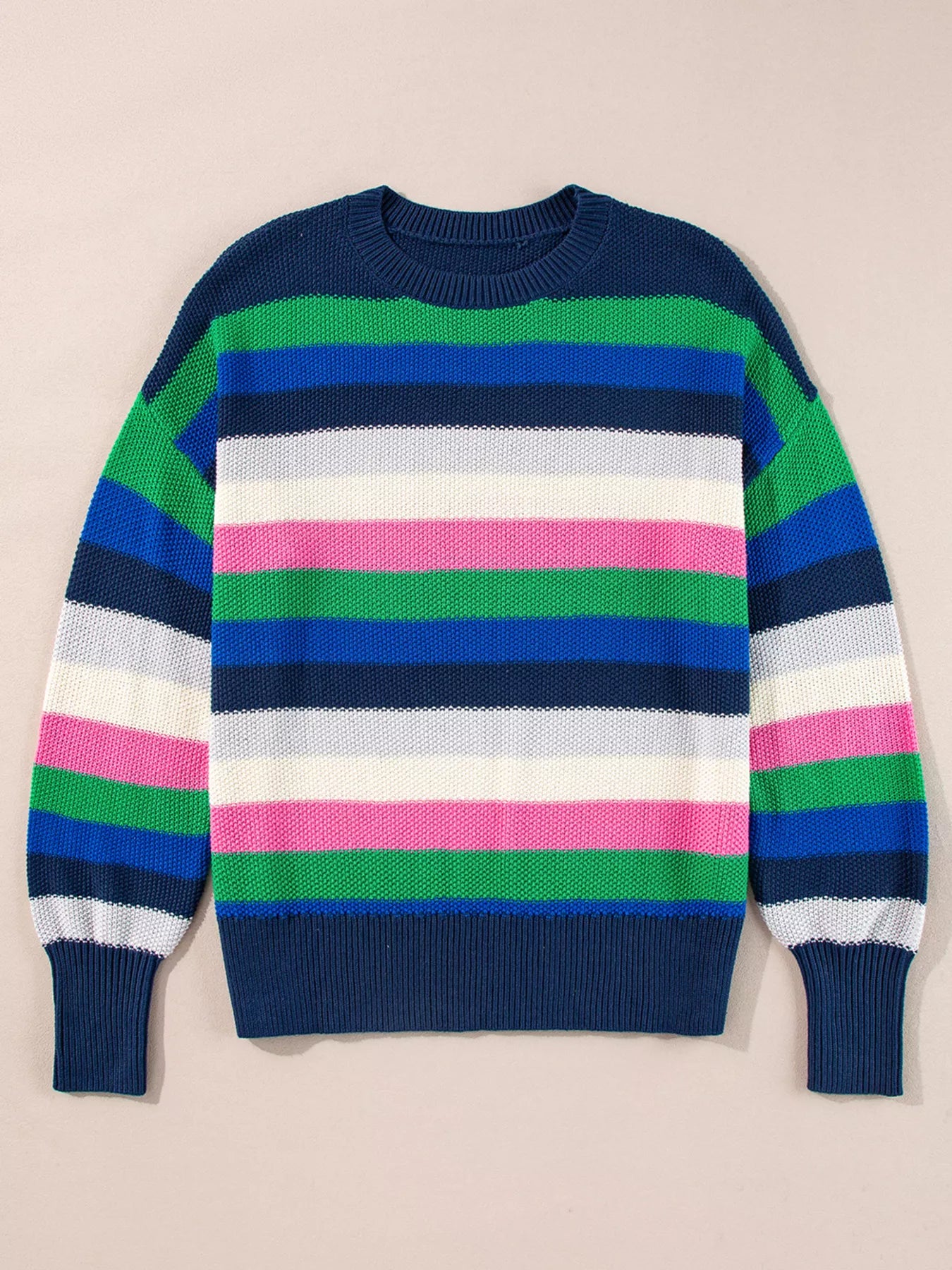 Rainbow Striped Crew Neck Drop Shoulder Sweater OutfitFlow