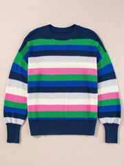 Rainbow Striped Crew Neck Drop Shoulder Sweater OutfitFlow