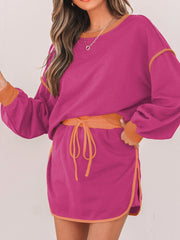 Contrast Trim Long Sleeve Top and Skort Set OutfitFlow