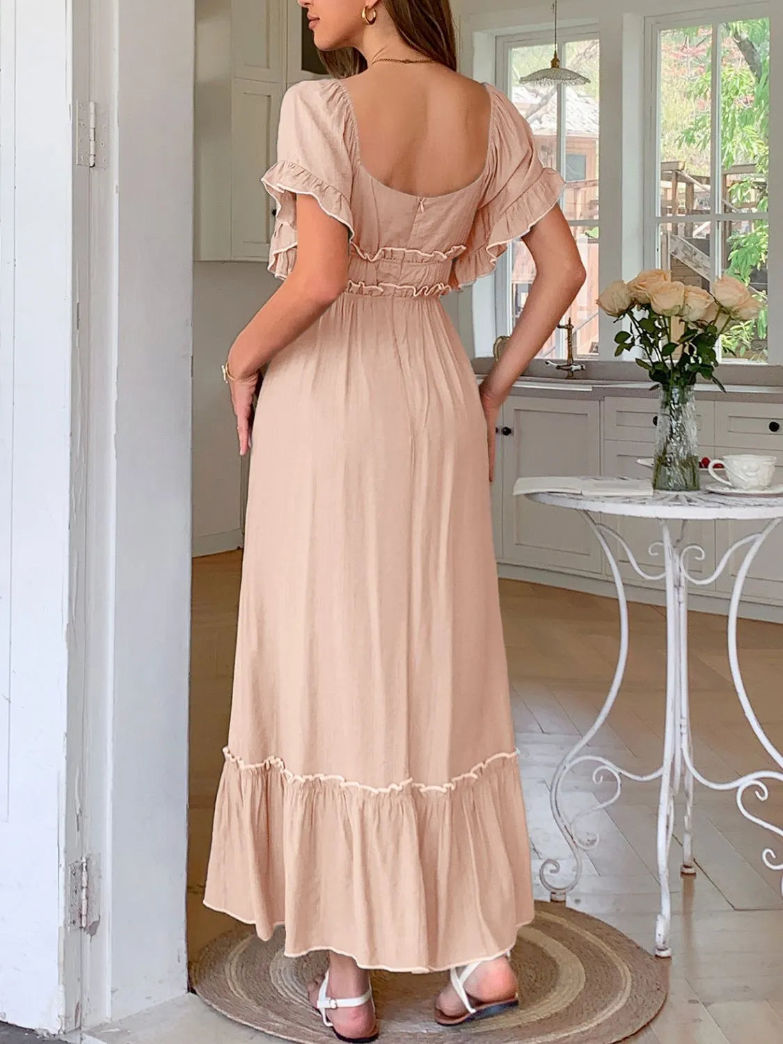 Square Neck Puff Sleeve Ruffle Trim Maxi Dress OutfitFlow