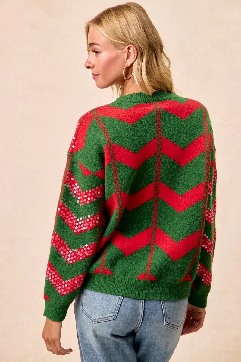 BiBi Christmas Theme Chevron Sequins Detail Sweater OutfitFlow