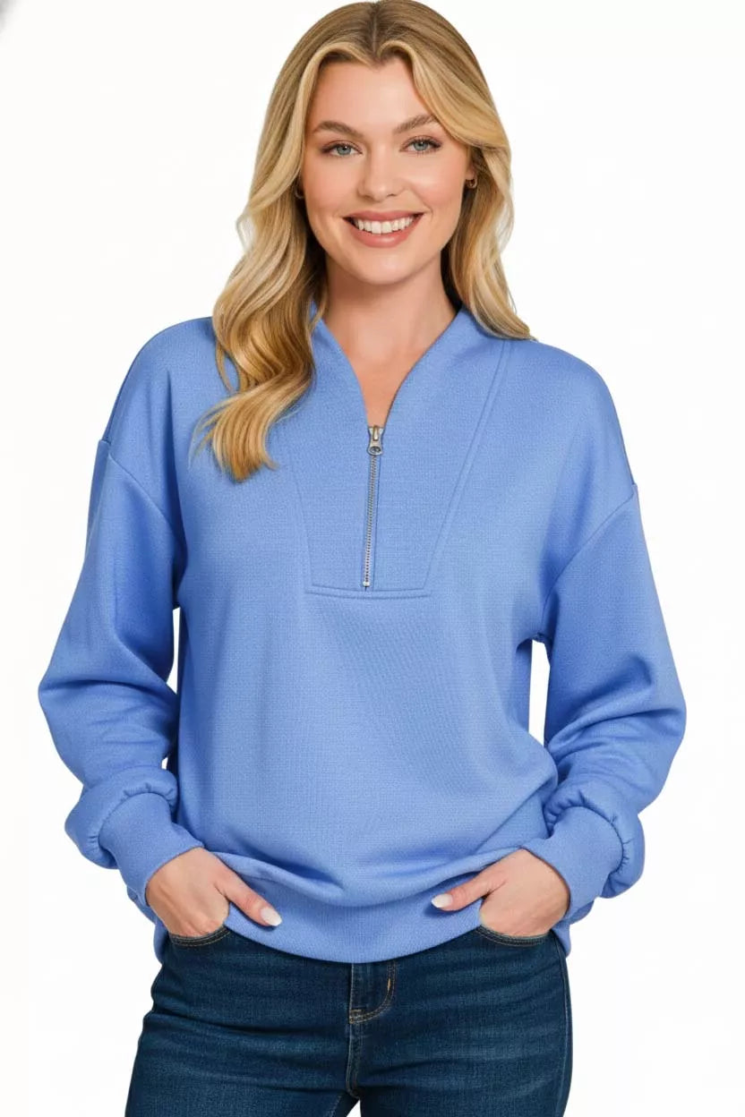 Zenana Scuba Half Zip Drop Shoulder Sweatshirt Trendsi