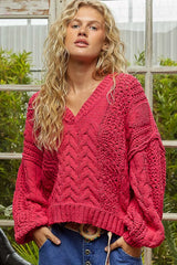 POL Cable-Knit Solid V-Neck Cropped Sweater OutfitFlow
