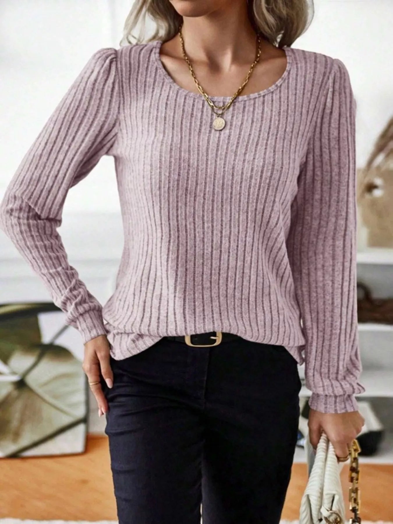 Ribbed Knit Long Sleeve T-Shirt OutfitFlow