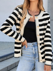 Button Down Striped Long Sleeve Cardigan OutfitFlow