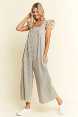 Jade By Jane Stripe Sleeveless Ruffle Jumpsuit OATMEAL BLACK OutfitFlow