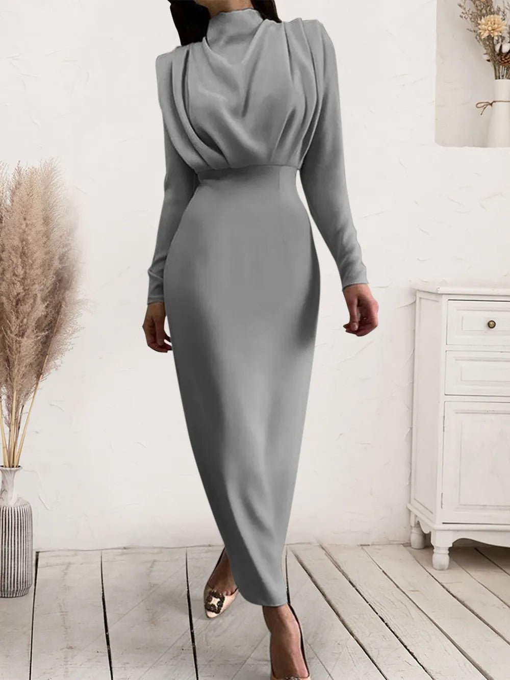 Ruched Turtleneck Long Sleeve Dress Dark Gray OutfitFlow