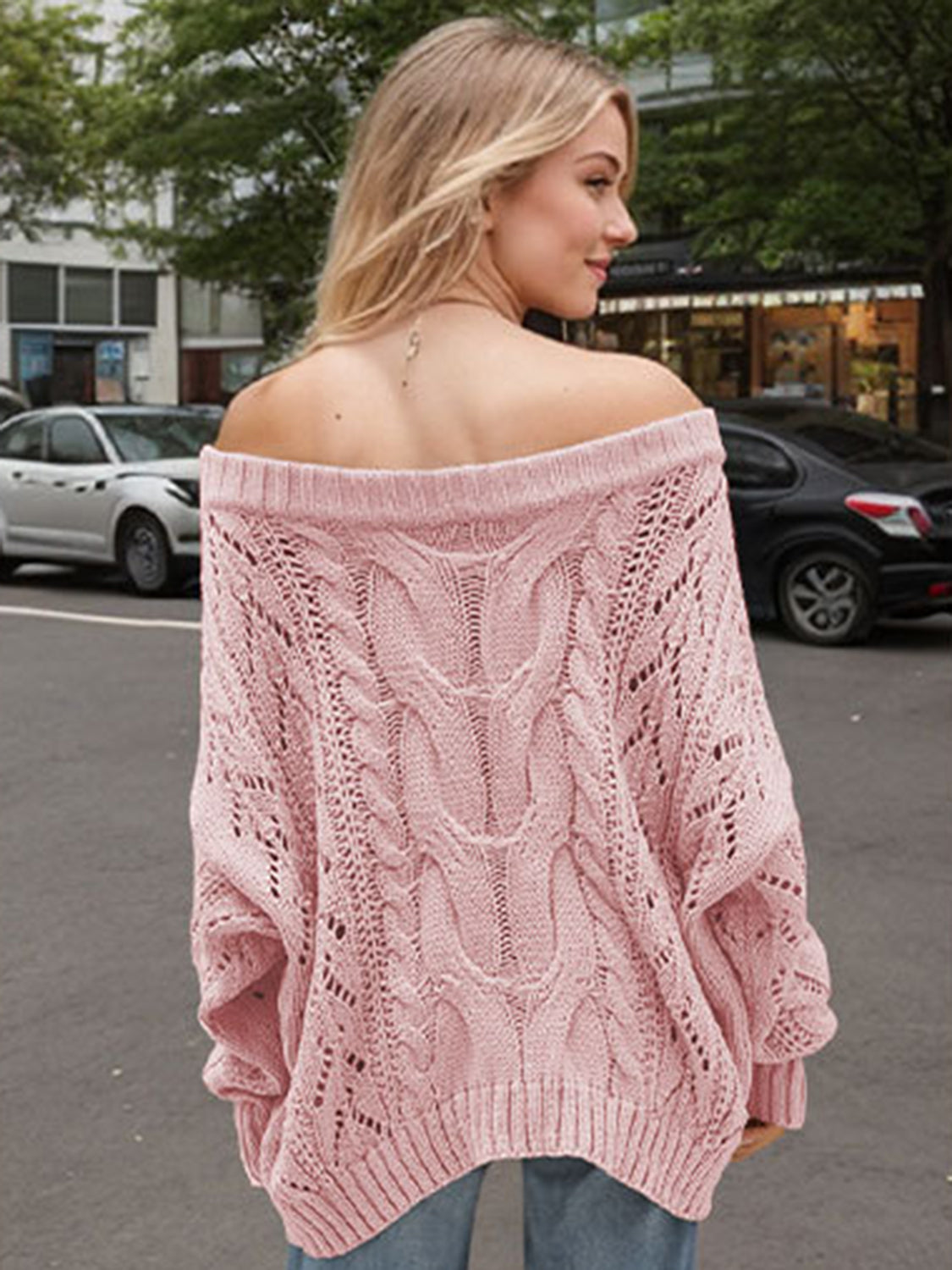 Outfit Flow - Cable Knit Openwork Off-Shoulder Sweater