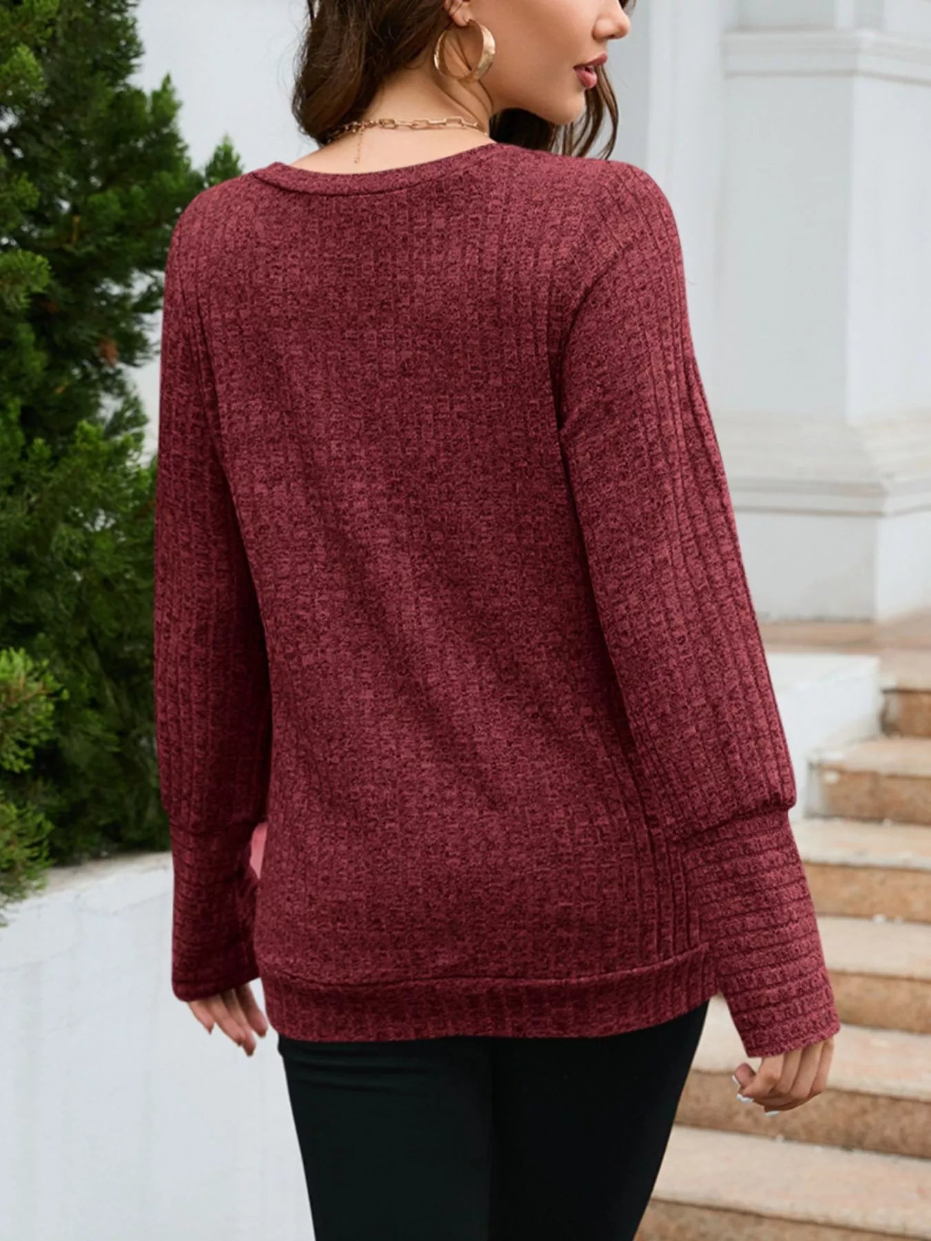 V-Neck Textured Knit Long Sleeve T-Shirt OutfitFlow