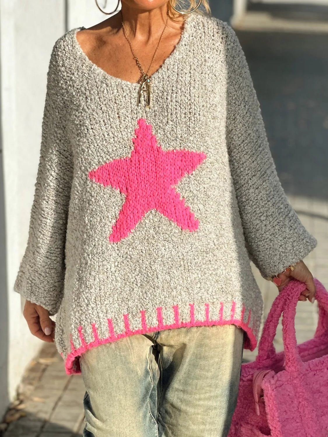 Outfit Flow - Star V-Neck Long Sleeve Oversize Sweater