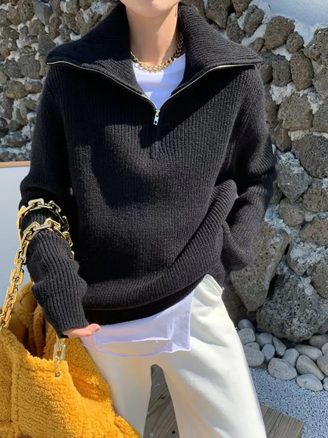 Half-Zip Long Sleeve Sweater Black OutfitFlow