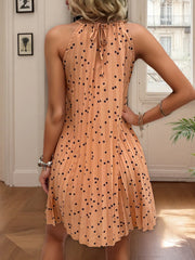 Polka Dot Halter Neck Pleated Mini Dress OutfitFlow