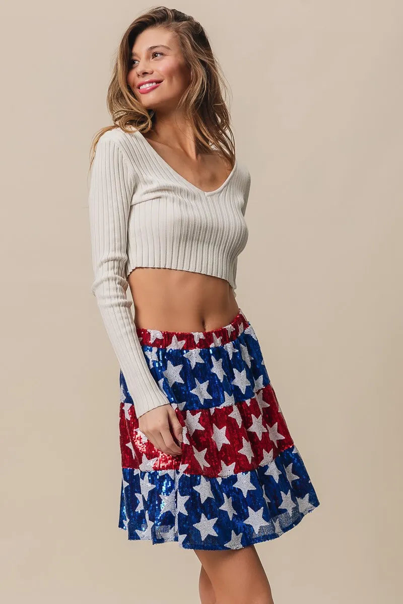 BiBi American Flag Theme Star Sequin Tiered Skirt OutfitFlow