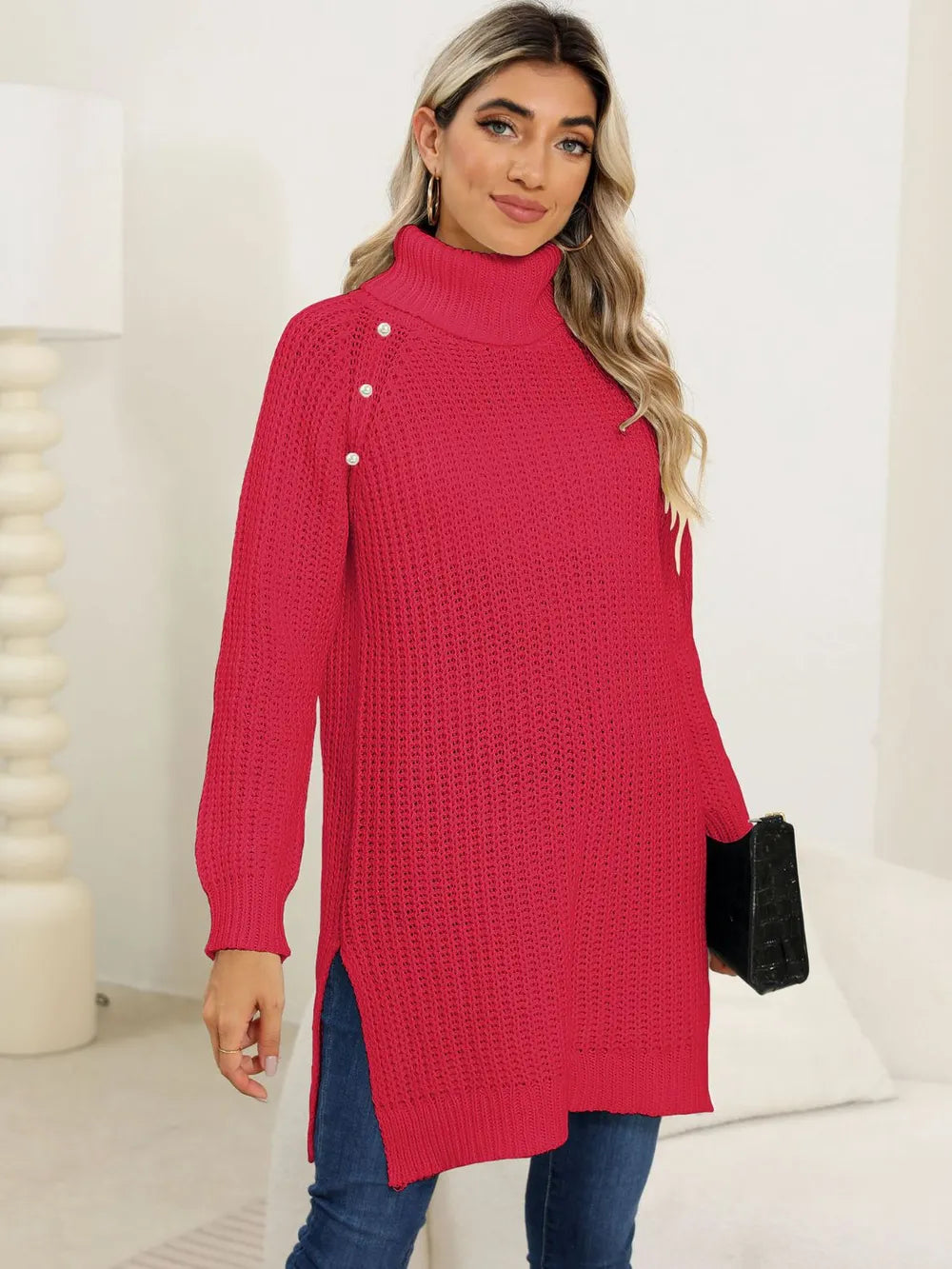 Slit Turtleneck Long Sleeve Sweater OutfitFlow