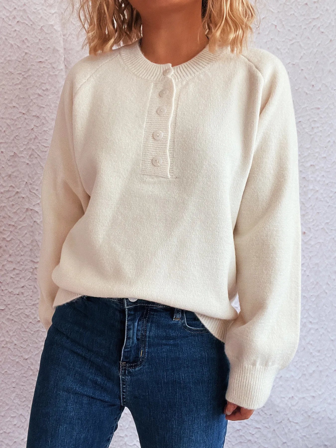 Button-Front Long Sleeve Sweater OutfitFlow