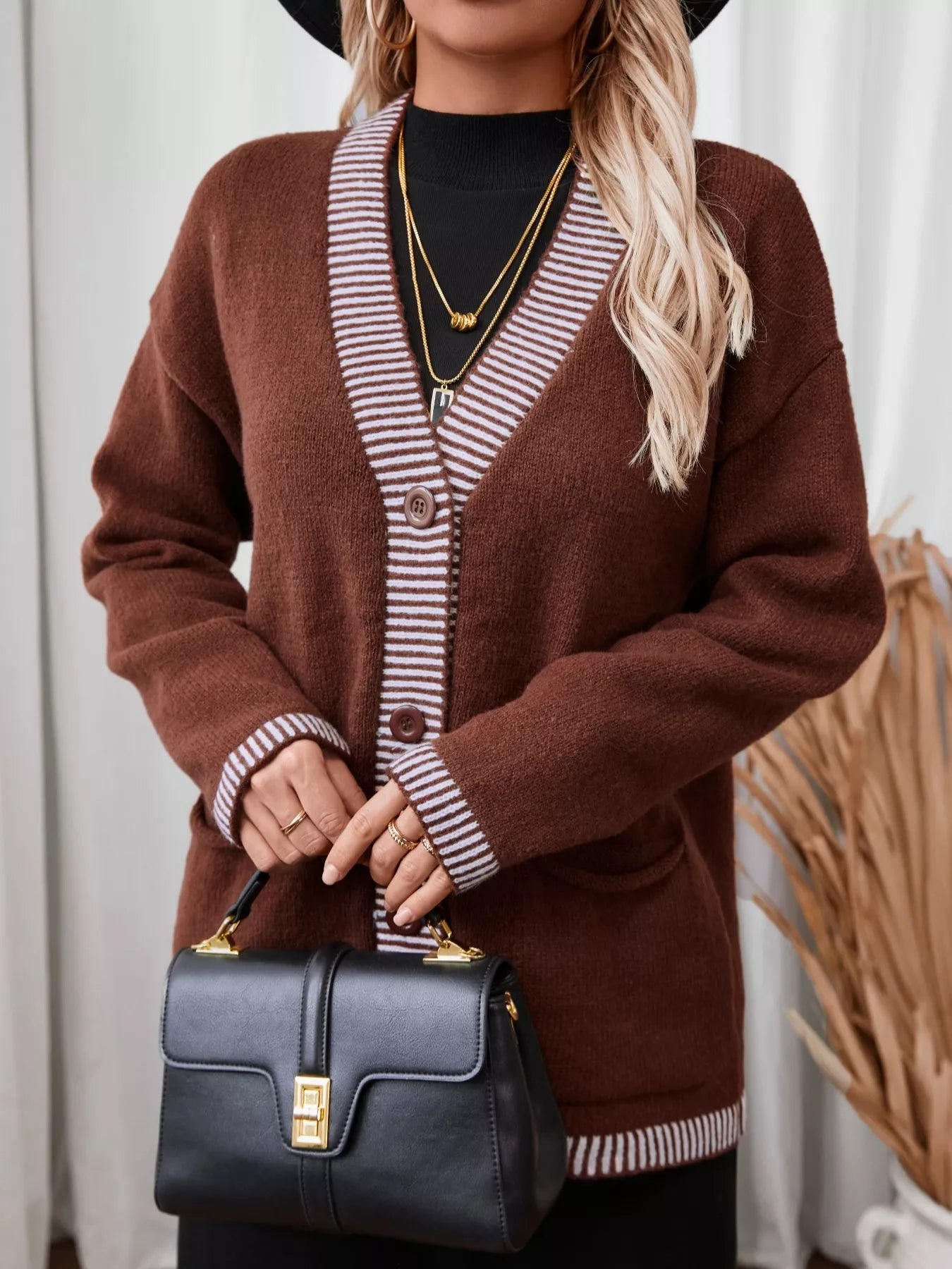 Striped Trim Button Front Pocket Knit Cardigan Trendsi