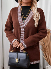 Striped Trim Button Front Pocket Knit Cardigan Trendsi