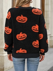 Fuzzy Pumpkin Round Neck Dropped Shoulder Sweater OutfitFlow