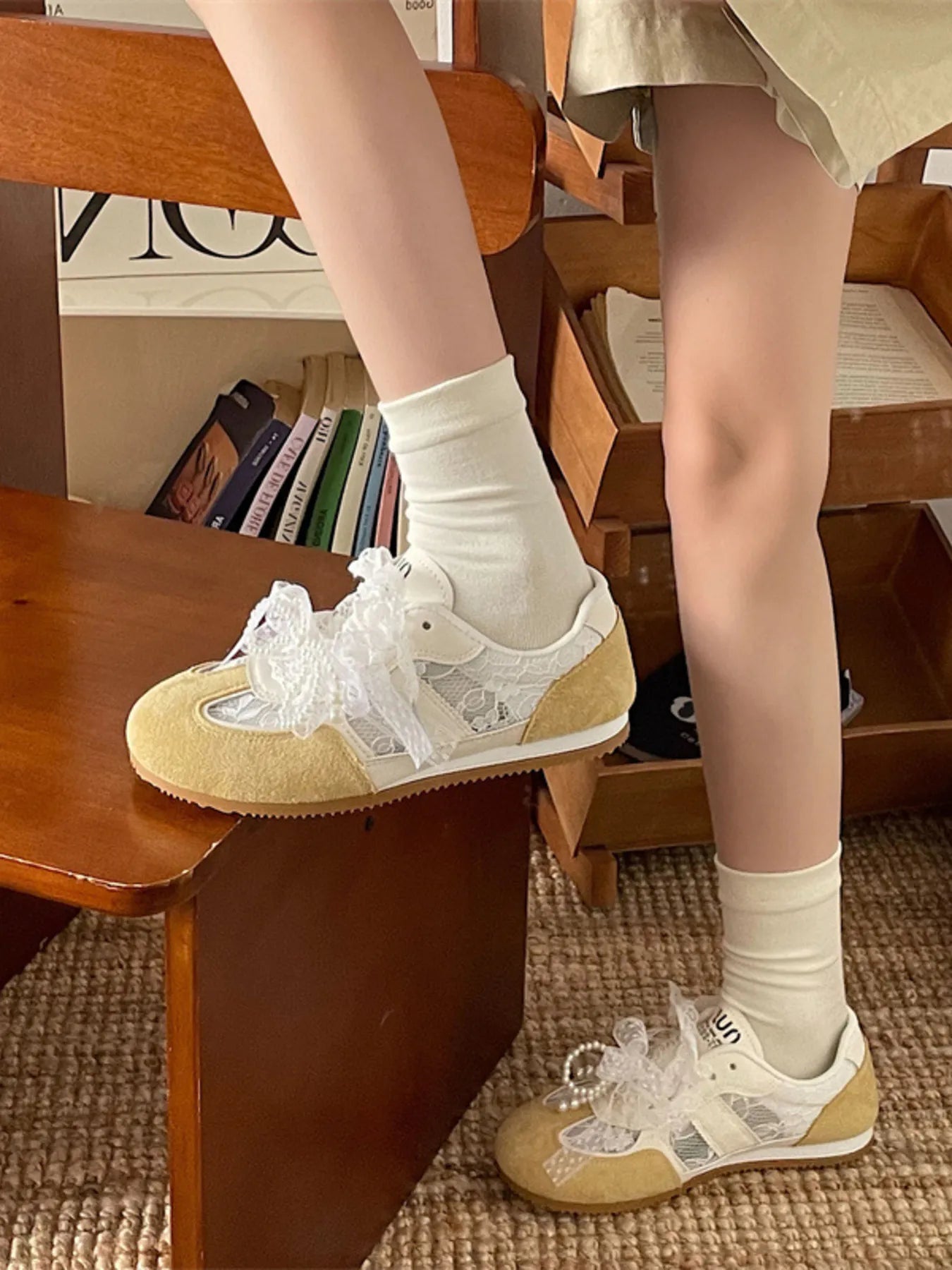 Vintage Lace Ribbon Sneakers OutfitFlow