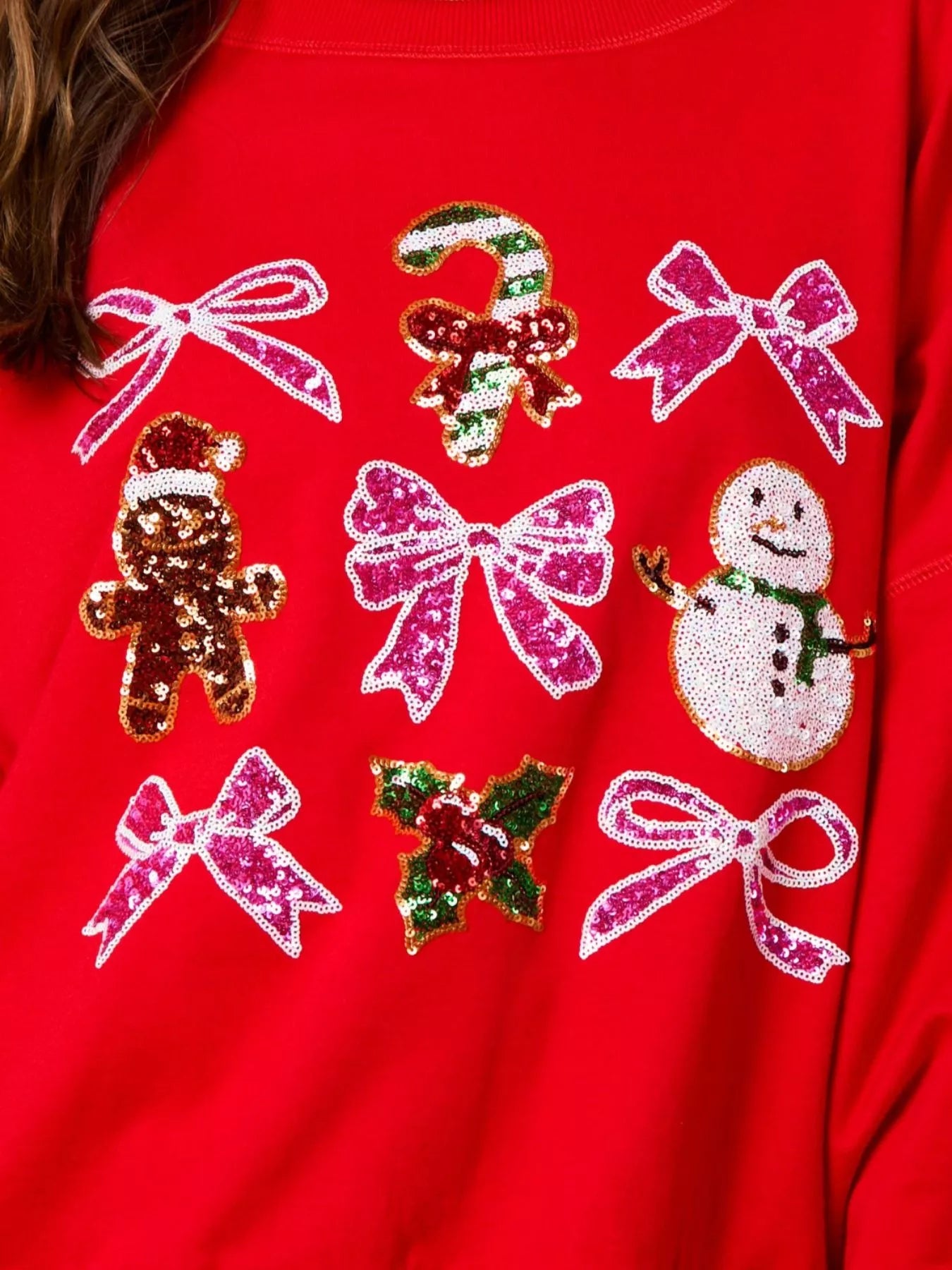 Christmas Sequin Bow Round Neck Sweatshirt OutfitFlow