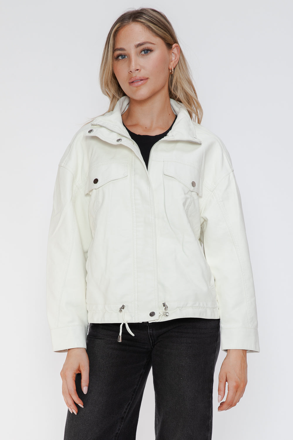 Outfit Flow - How Dare U Drawstring Hem PU Leather Zip Up Jacket